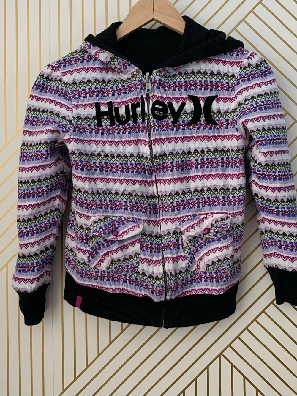 Hurley Y2K Reversible Fair isle Nordic striped Zip Up Hoodie 2000s cotton blend